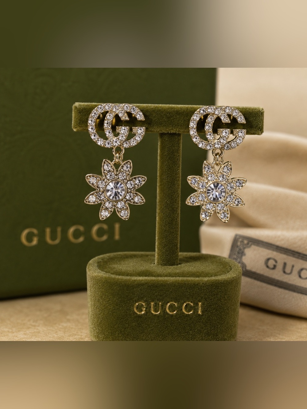 Gucci Silver Crystal Flower Earrings